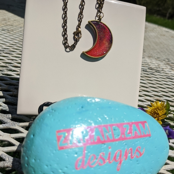 Crescent Moon Bronze Necklace Handmade Resin Artisan Hand Crafted Jewelry - Picture 8 of 9